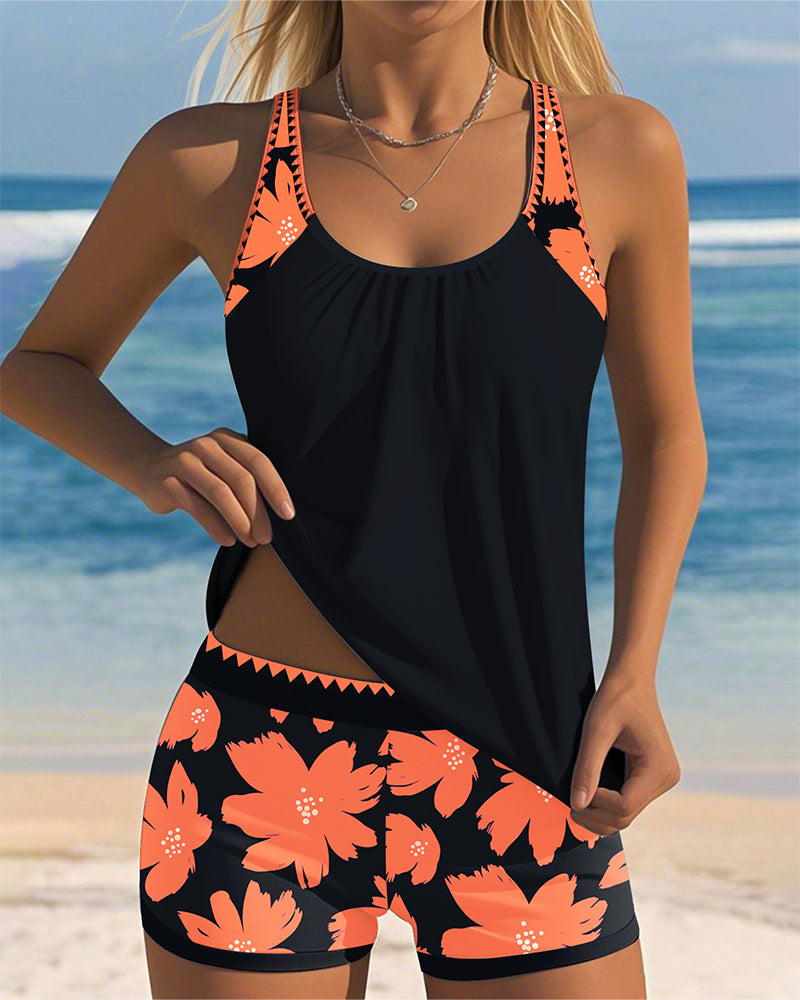 Tankini con escote en U, sin mangas, estampado tipo boxer