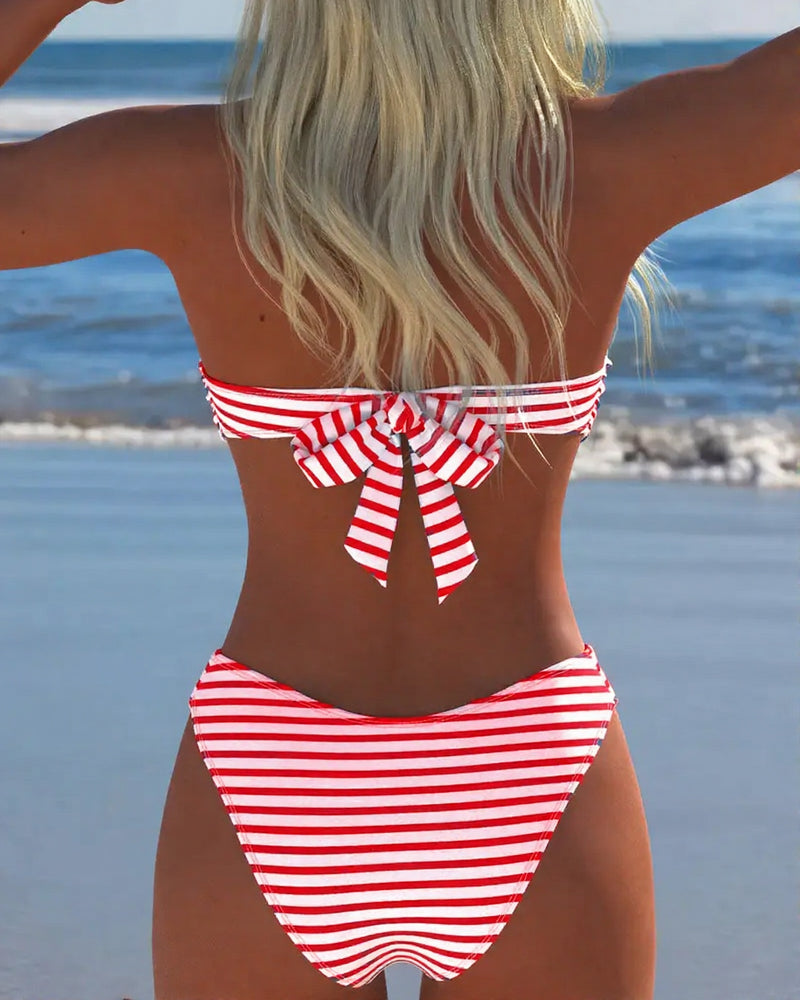 Bikini de talle alto a rayas, dos piezas, con top de triángulo