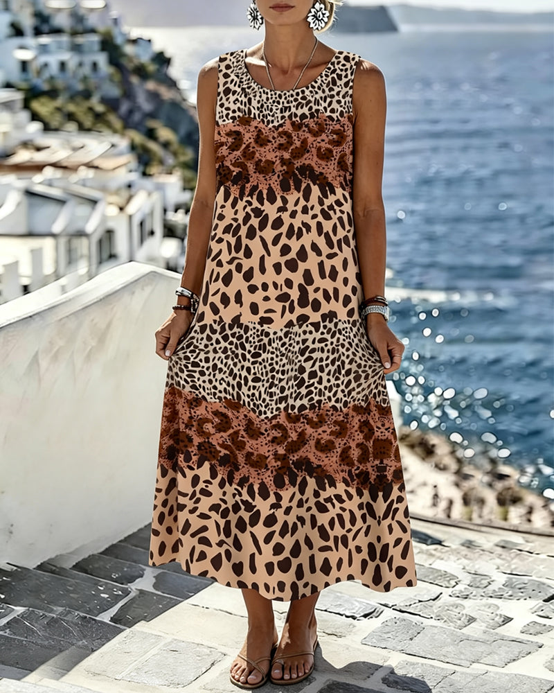 Vestido midi sin mangas de bloques de color con estampado de leopardo