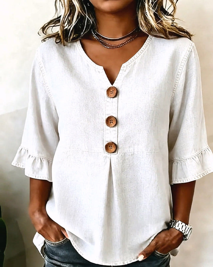 Blusa vaquera de cuello en V con manga acampanada