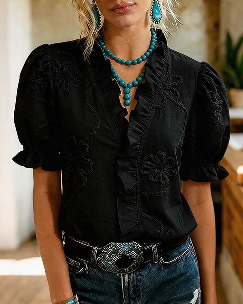 Blusa cuello en V con borde volante y manga abullonada