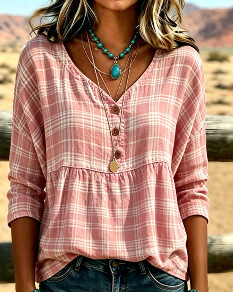 Blusa vintage de cuadros con escote en V