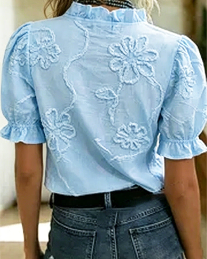 Blusa cuello en V con borde volante y manga abullonada