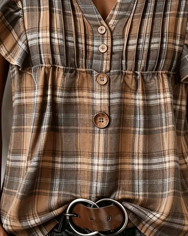 Blusa marrón de cuadros gingham con manga volante