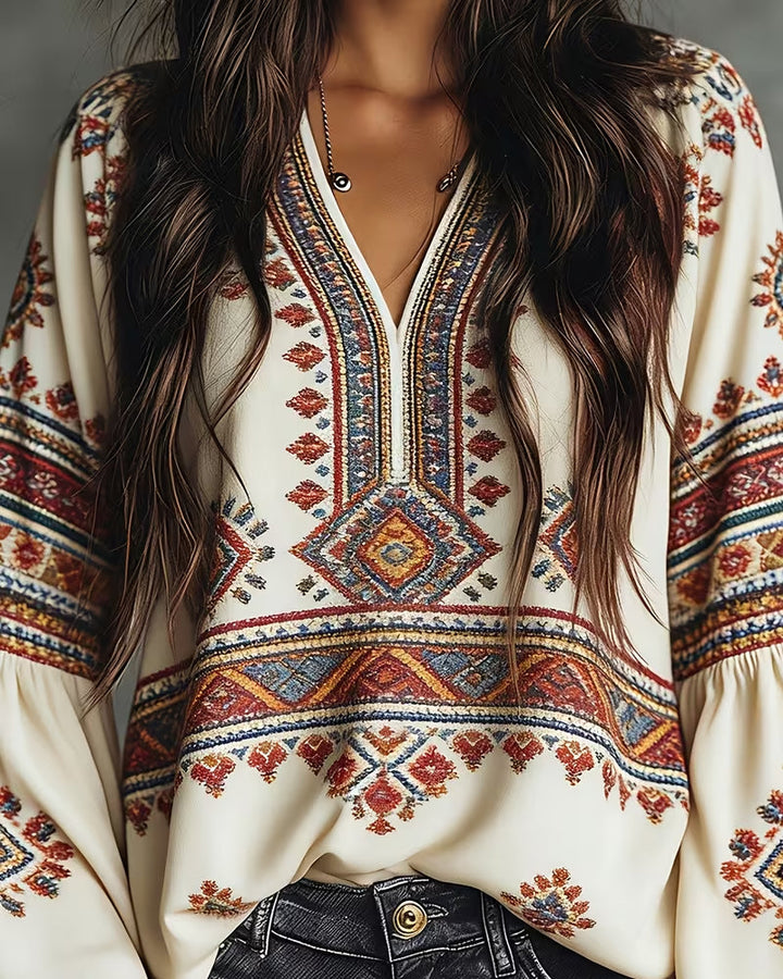 Blusa étnica geométrica estampada con manga farol