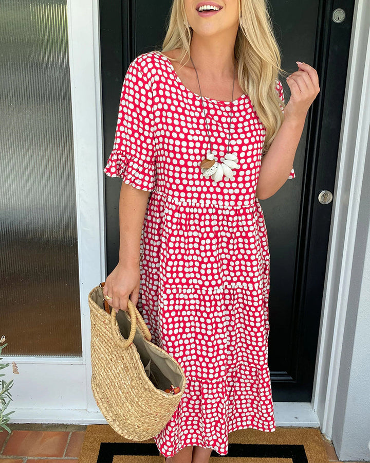 Vestido midi | Cuello redondo estampado de lunares