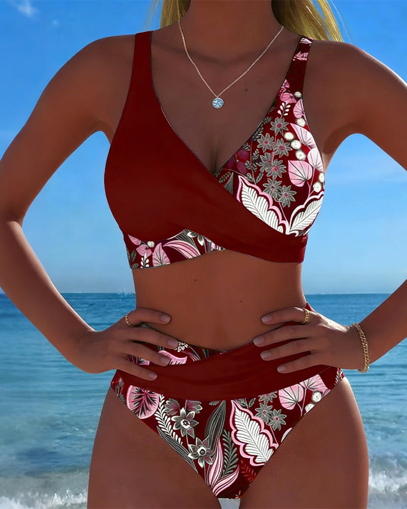 Bikini con contraste de color y estampado floral