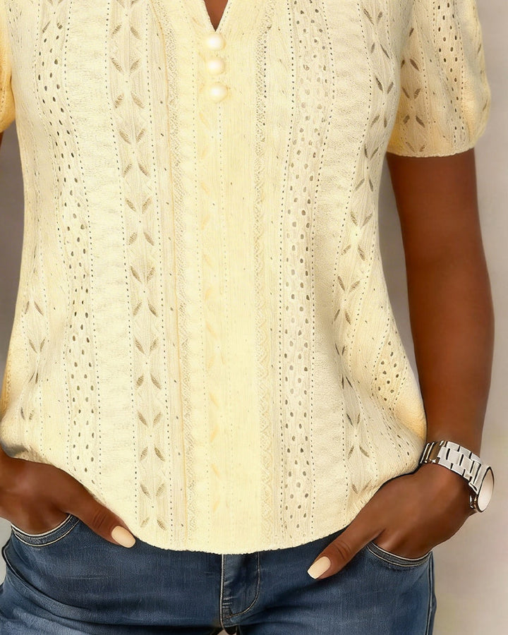 Blusa de cuello en V con perla, botón burbuja y manga