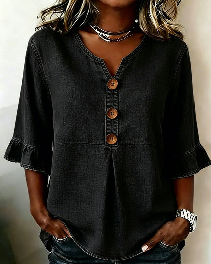 Blusa vaquera de cuello en V con manga acampanada