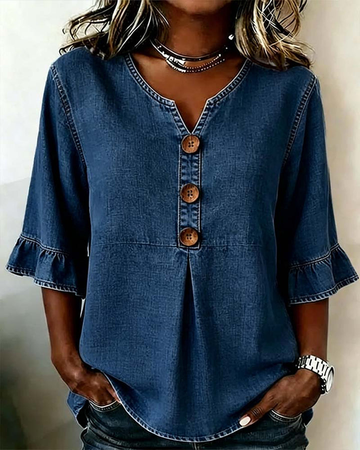 Blusa vaquera de cuello en V con manga acampanada