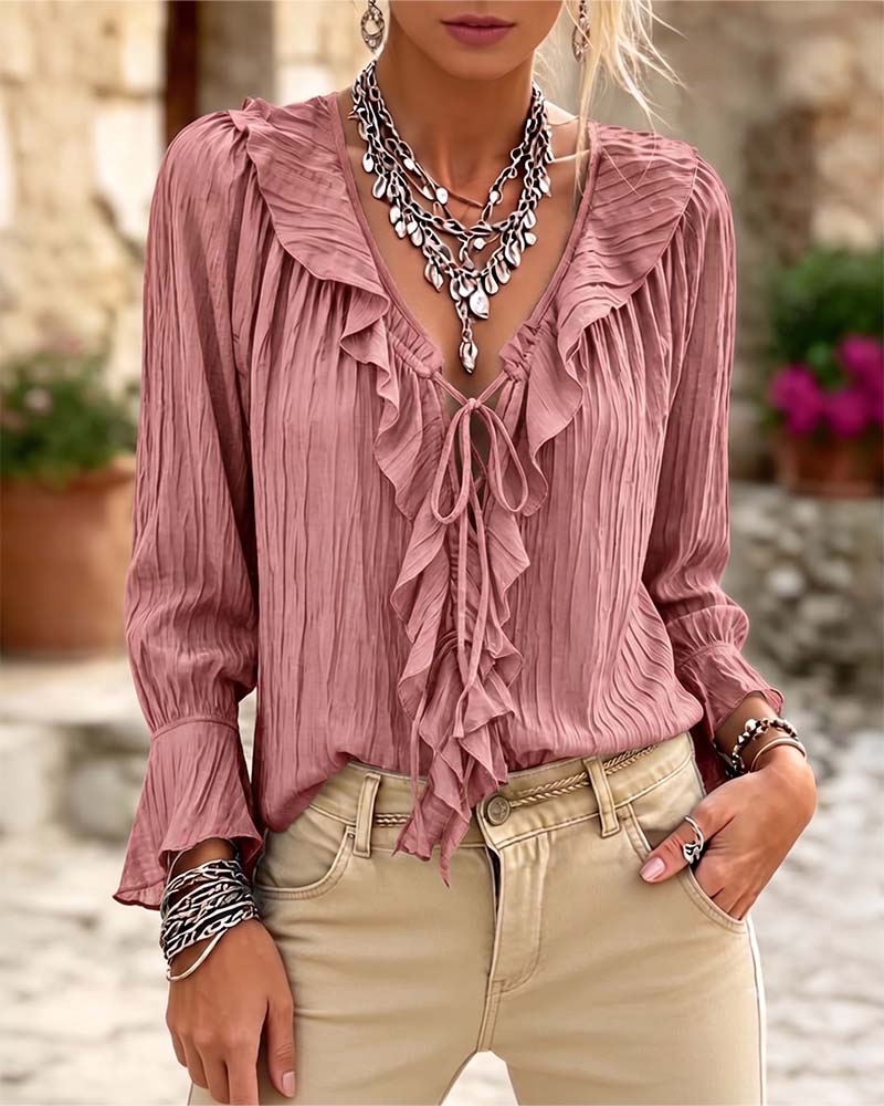Blusa de manga larga con volante y ribete de encaje