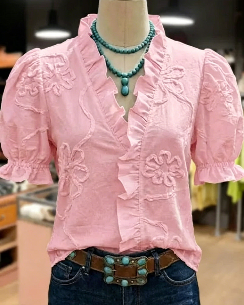 Blusa cuello en V con borde volante y manga abullonada