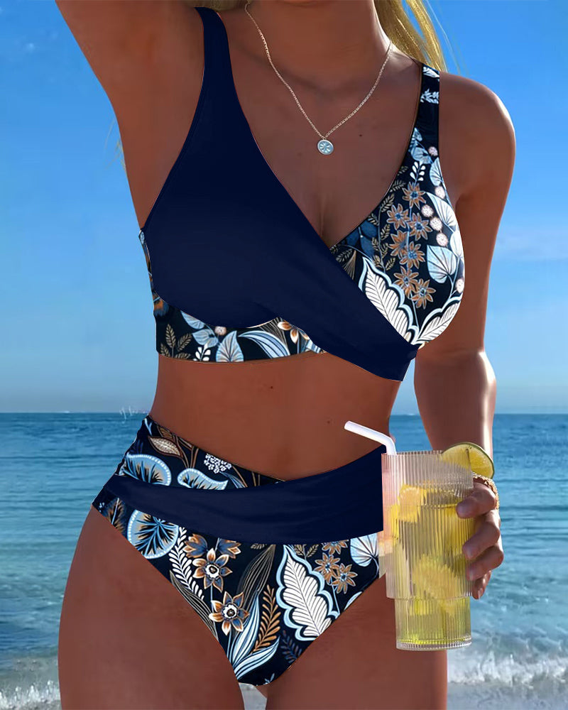Bikini con contraste de color y estampado floral