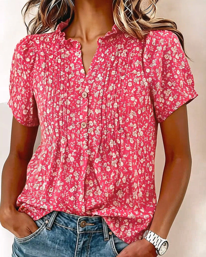 Blusa de escote en V con botones, estampado floral