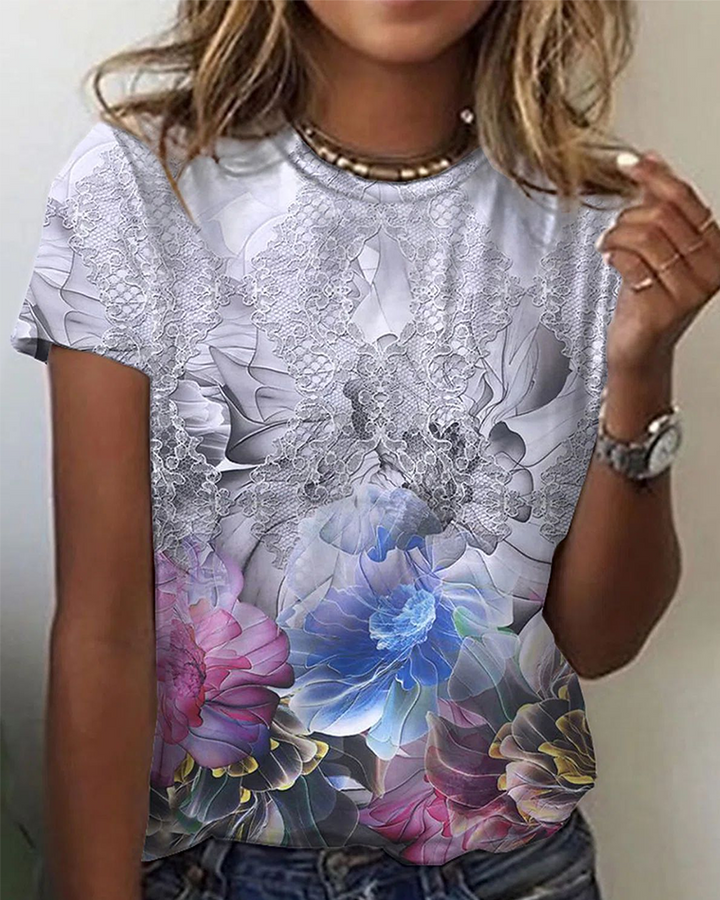 Camiseta estampada de cuello redondo sencillo