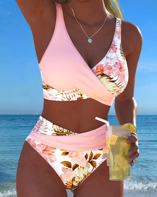 Bikini de contraste floral fendu