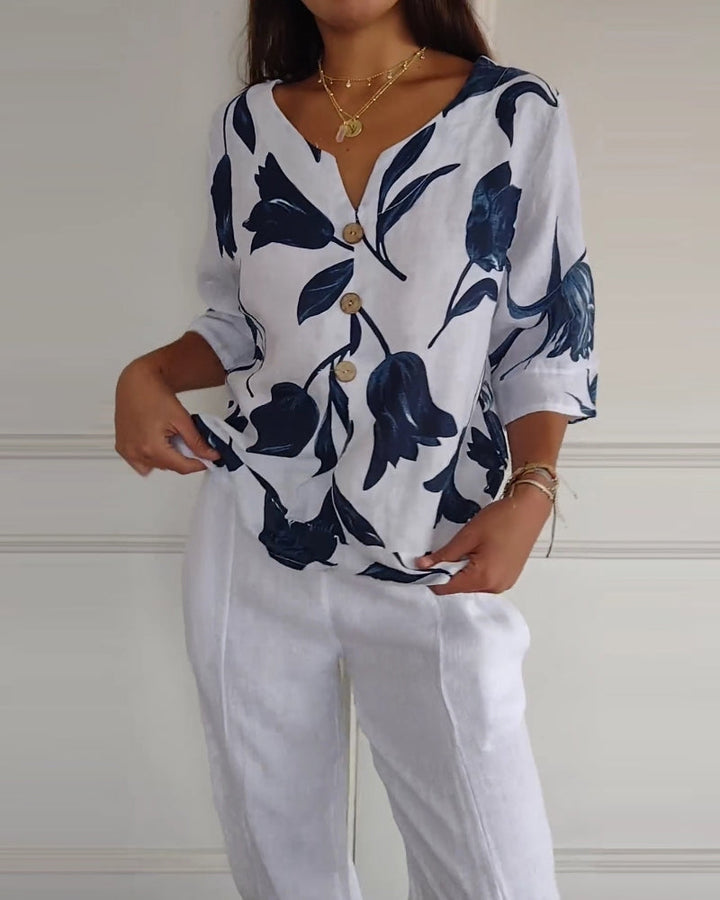 Top abotonado de algodón y lino con estampado floral