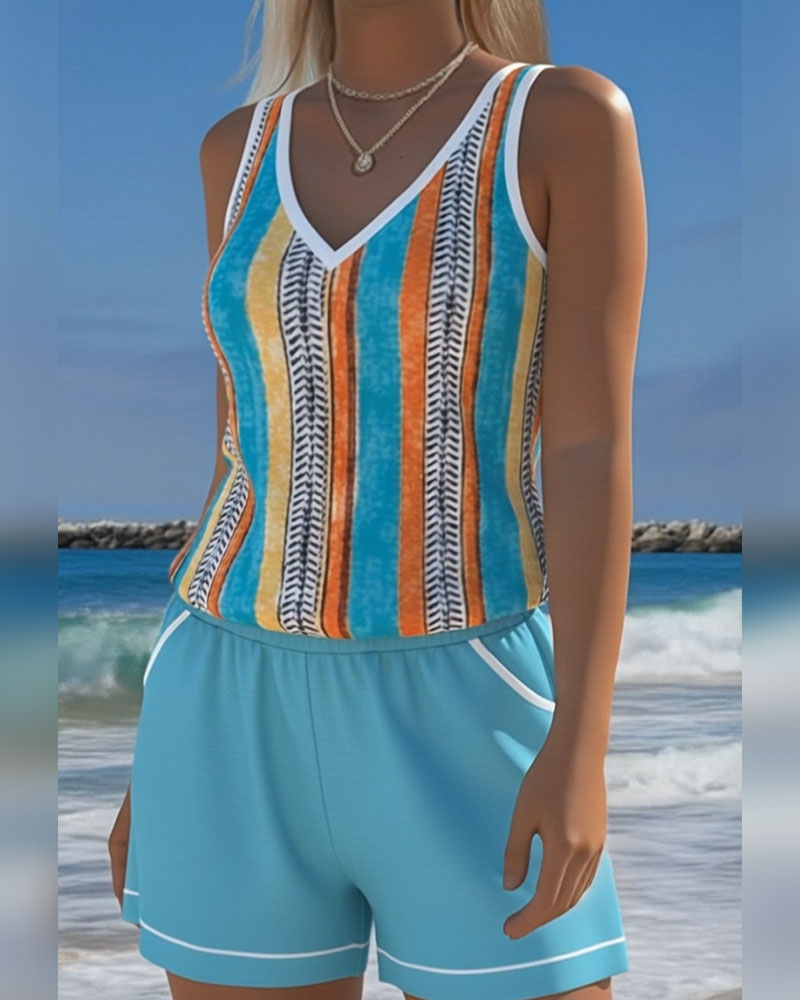 Tankini de baño con escote en V estampado
