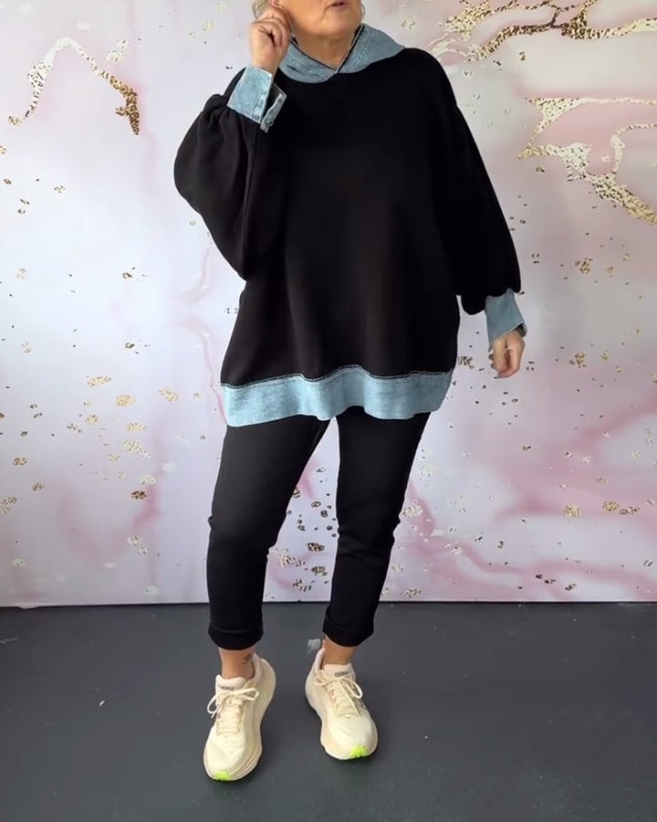 Sudadera con capucha casual de mangas farol de color contrastante