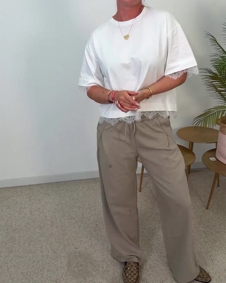 Blusa de espalda con abertura de encaje y manga corta