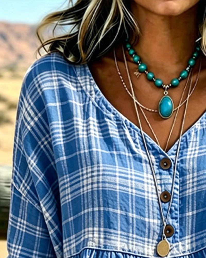 Blusa vintage de cuadros con escote en V
