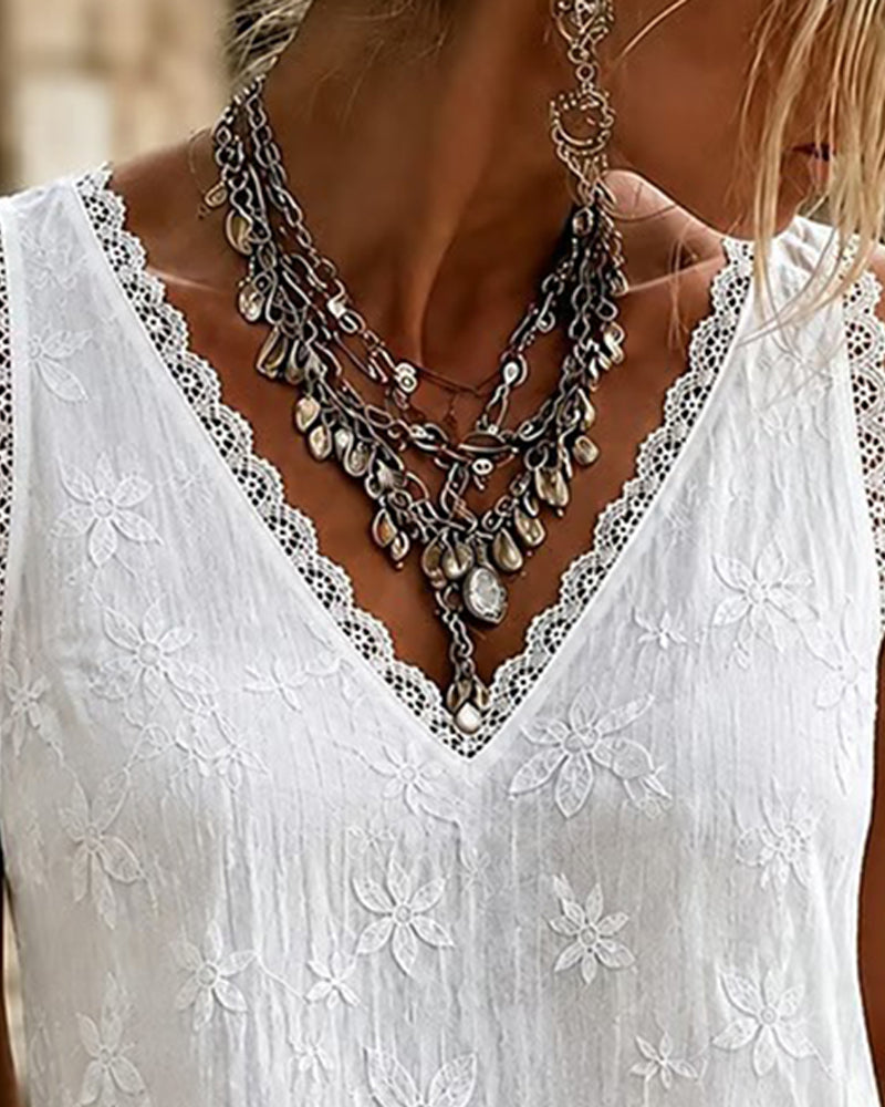 Top sin mangas de cuello en V liso con encaje