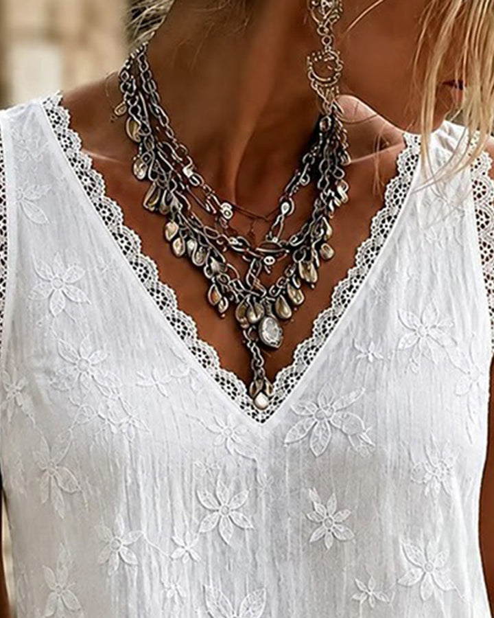 Top sin mangas de cuello en V liso con encaje