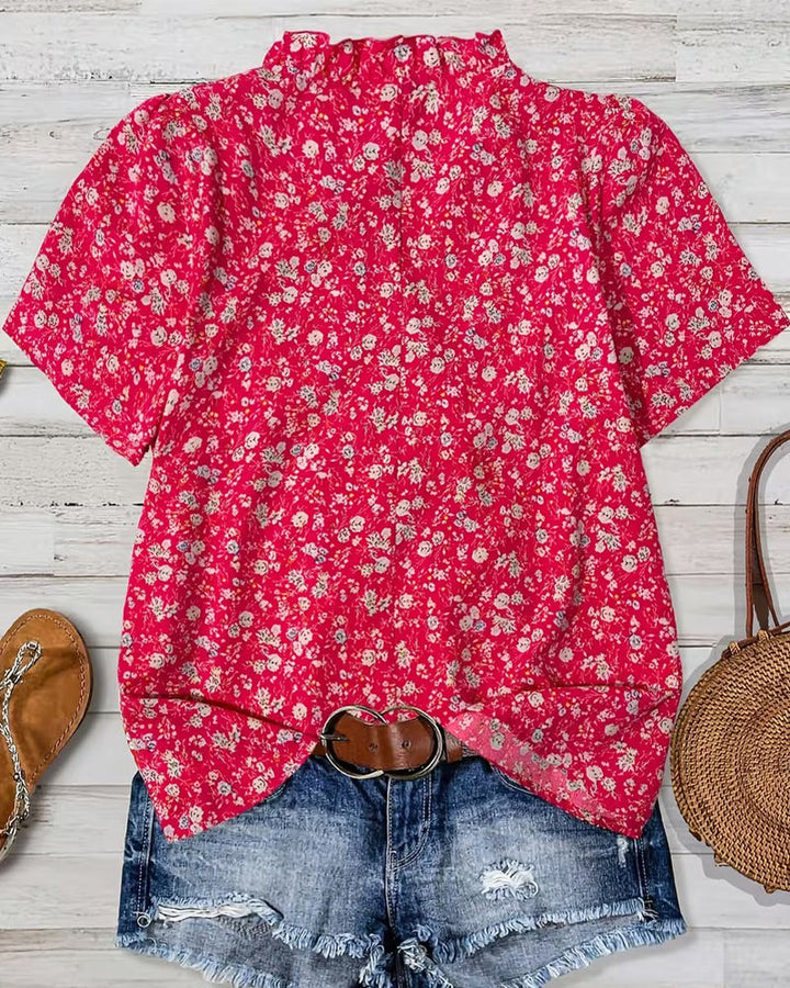 Blusa de escote en V con botones, estampado floral