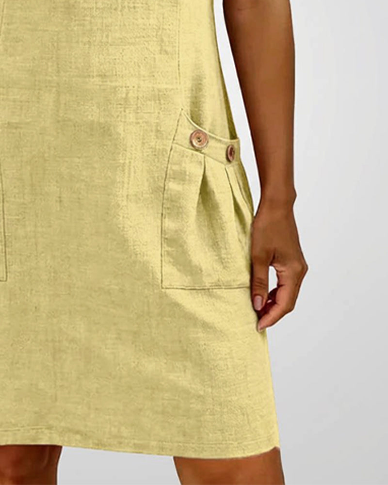 Vestido con cierre de cremallera y bolsillo, de algodón y lino.