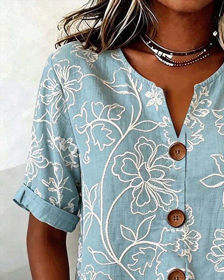Blusa con escote en V estampado de peonía y botones