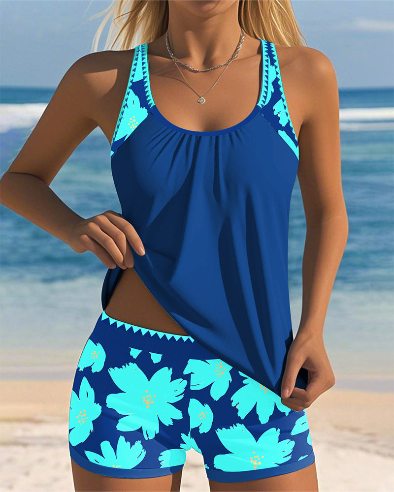 Tankini con escote en U, sin mangas, estampado tipo boxer