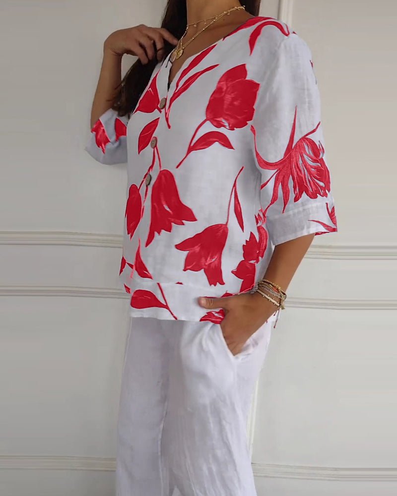 Top abotonado de algodón y lino con estampado floral