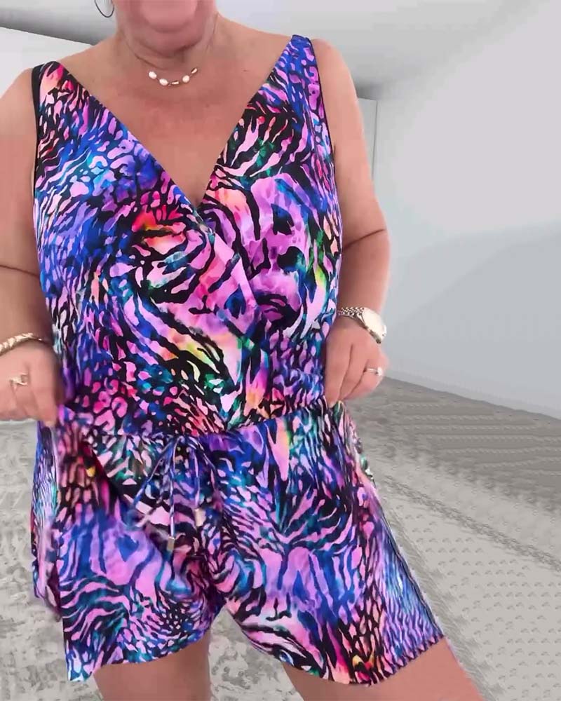 Traje de baño de una pieza con escote en V y estampado colorido