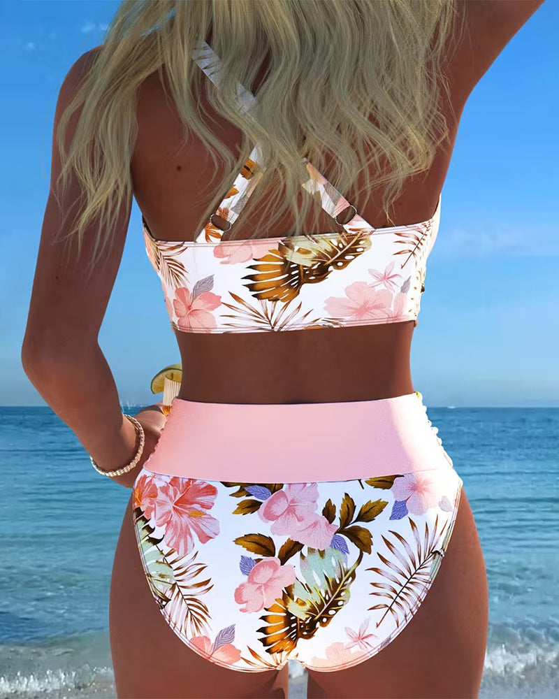 Bikini de contraste floral fendu