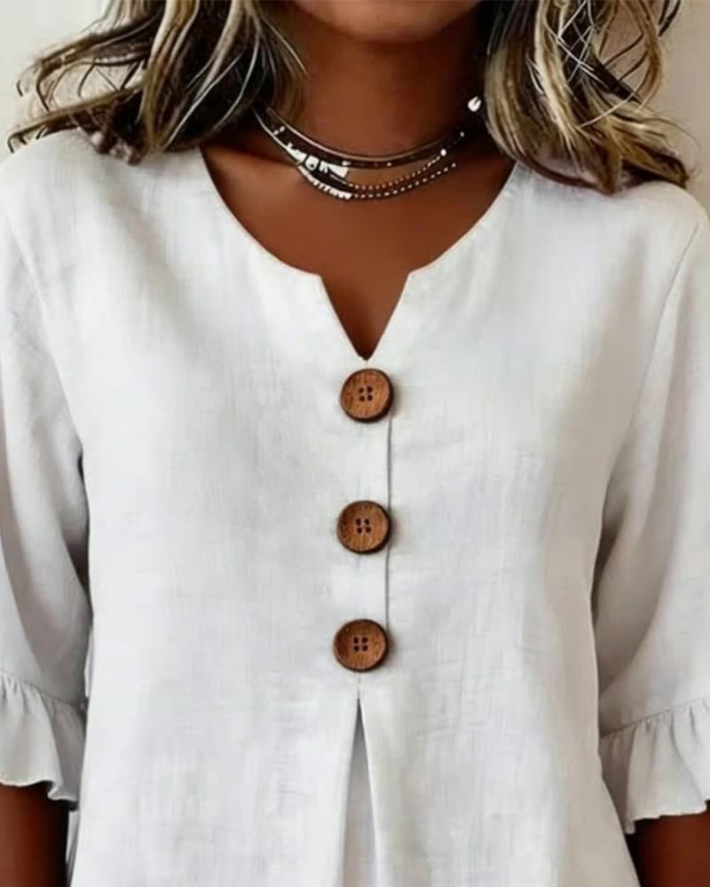 Blusas lisas de algodón-lino con botones de madera y volantes