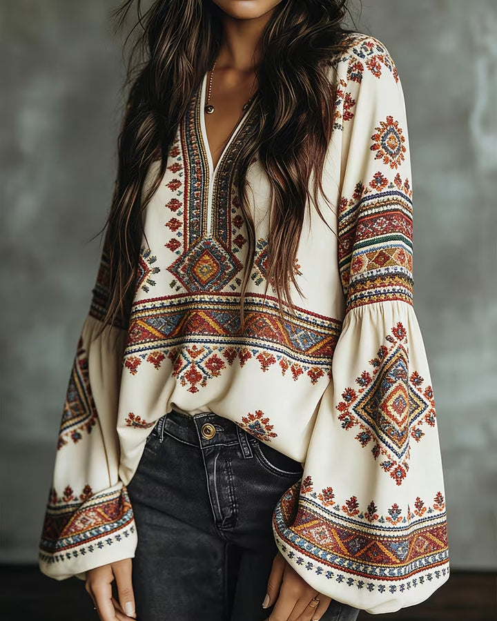 Blusa étnica geométrica estampada con manga farol