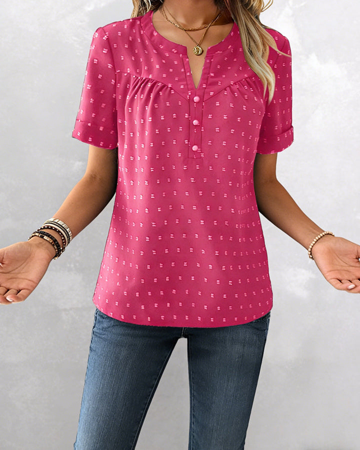 Blusa jacquard con cuello en V y tapeta parcial de manga corta