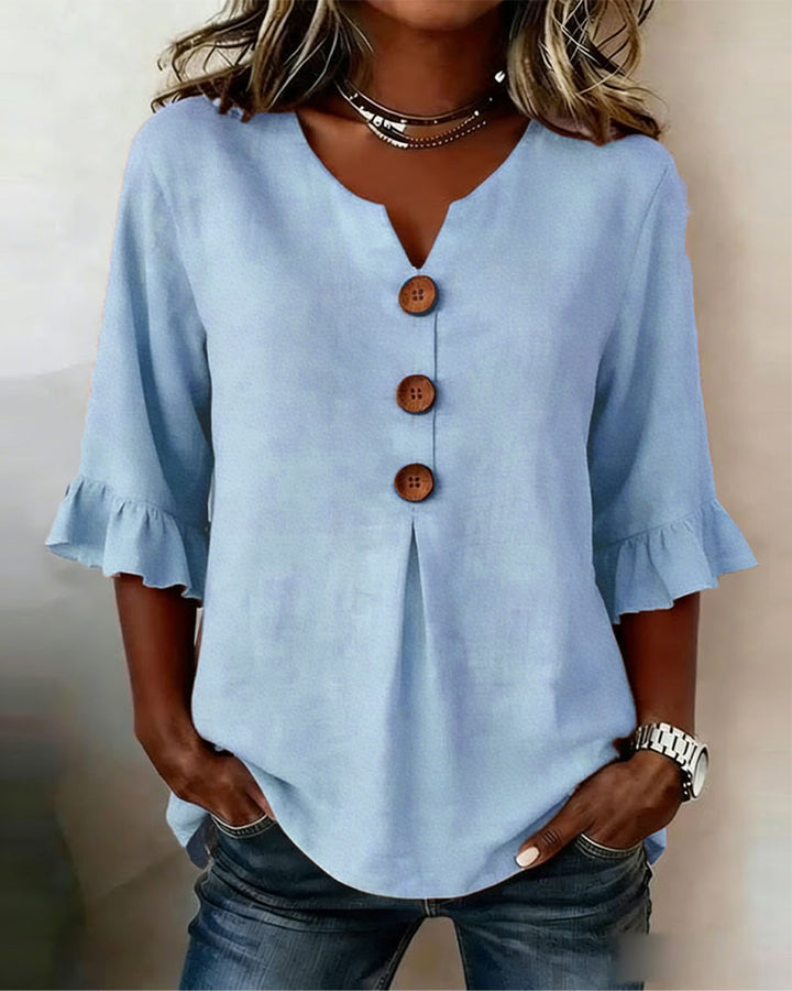 Blusas lisas de algodón-lino con botones de madera y volantes