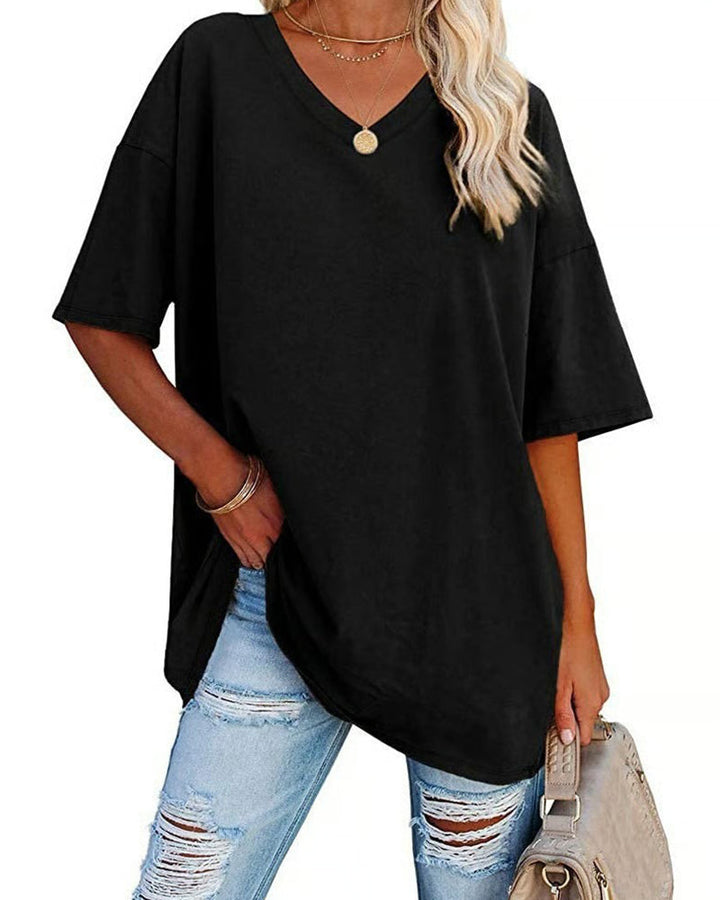 Camiseta de cuello en V holgada y casual de manga corta