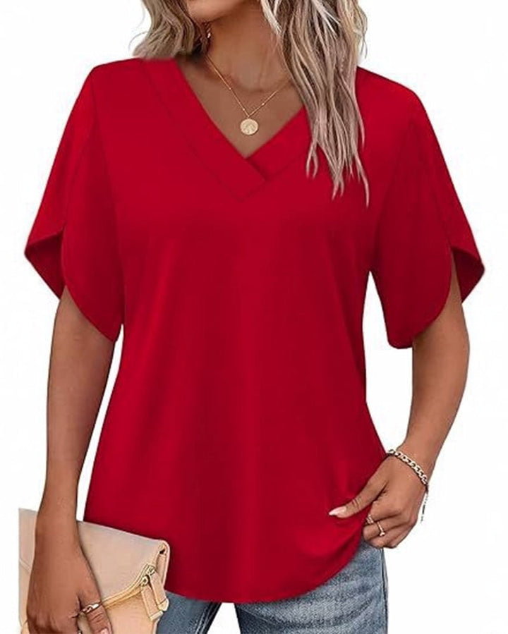 Camiseta de cuello en V, abertura pequeña, mangas cortas, lisa