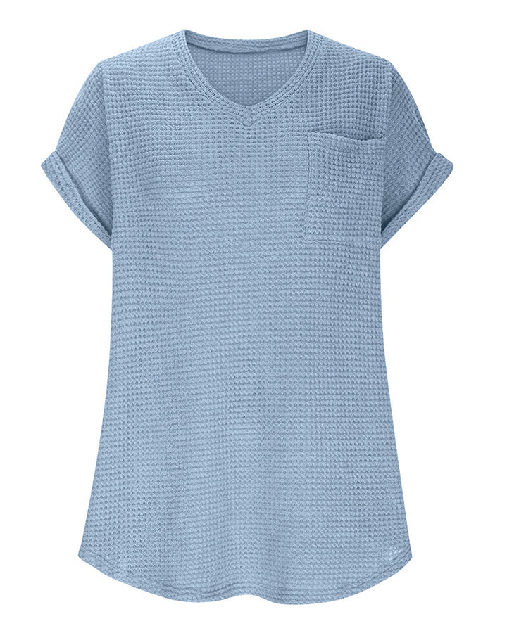 Camiseta para mujer de punto texturizado con escote en V, casual, verano