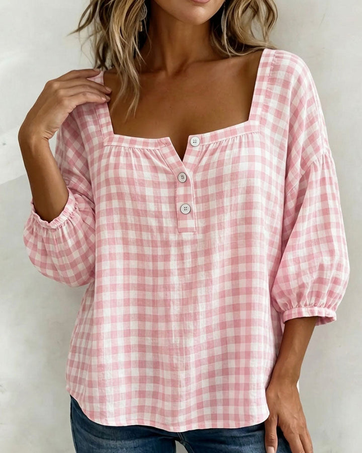 Blusa de cuello cuadrado con botones, estampado escocés