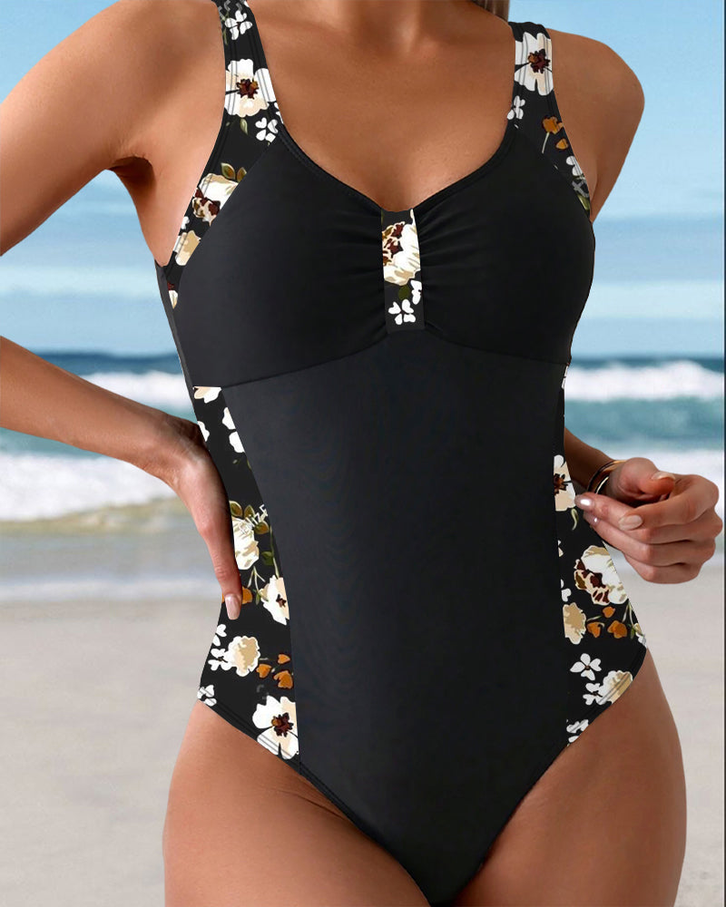 Traje de baño de una pieza sin mangas con estampado en contraste