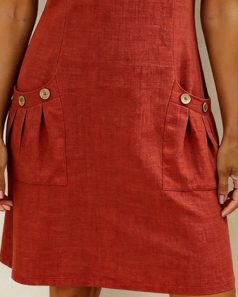 Vestido con cierre de cremallera y bolsillo, de algodón y lino.