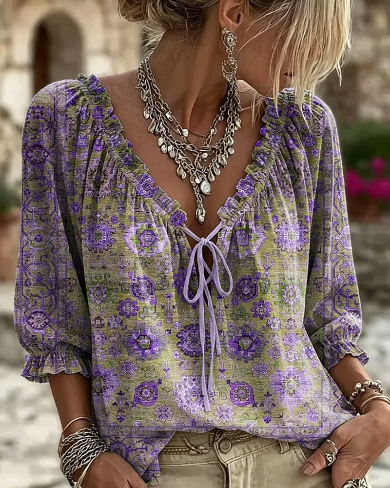 Blusa de escote en V con lazo, estampado vintage