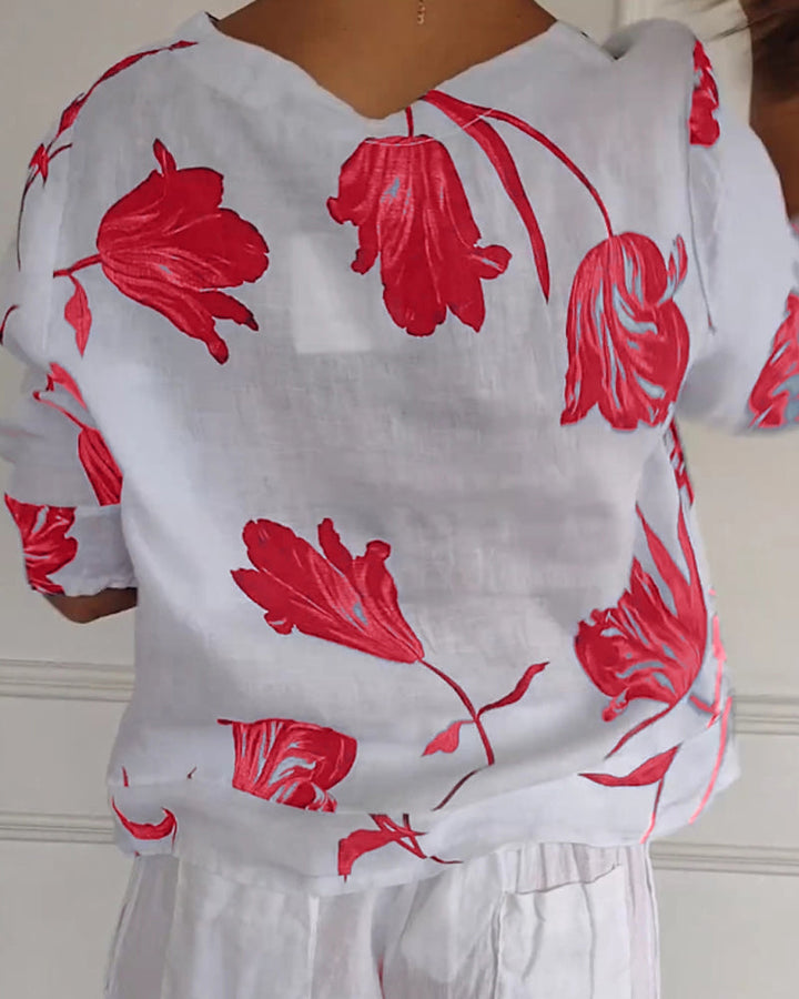 Top abotonado de algodón y lino con estampado floral