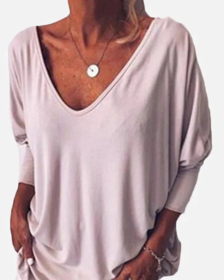 Top de cuello en V con botones en la espalda, mangas 3/4