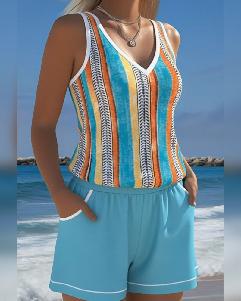 Tankini de baño con escote en V estampado