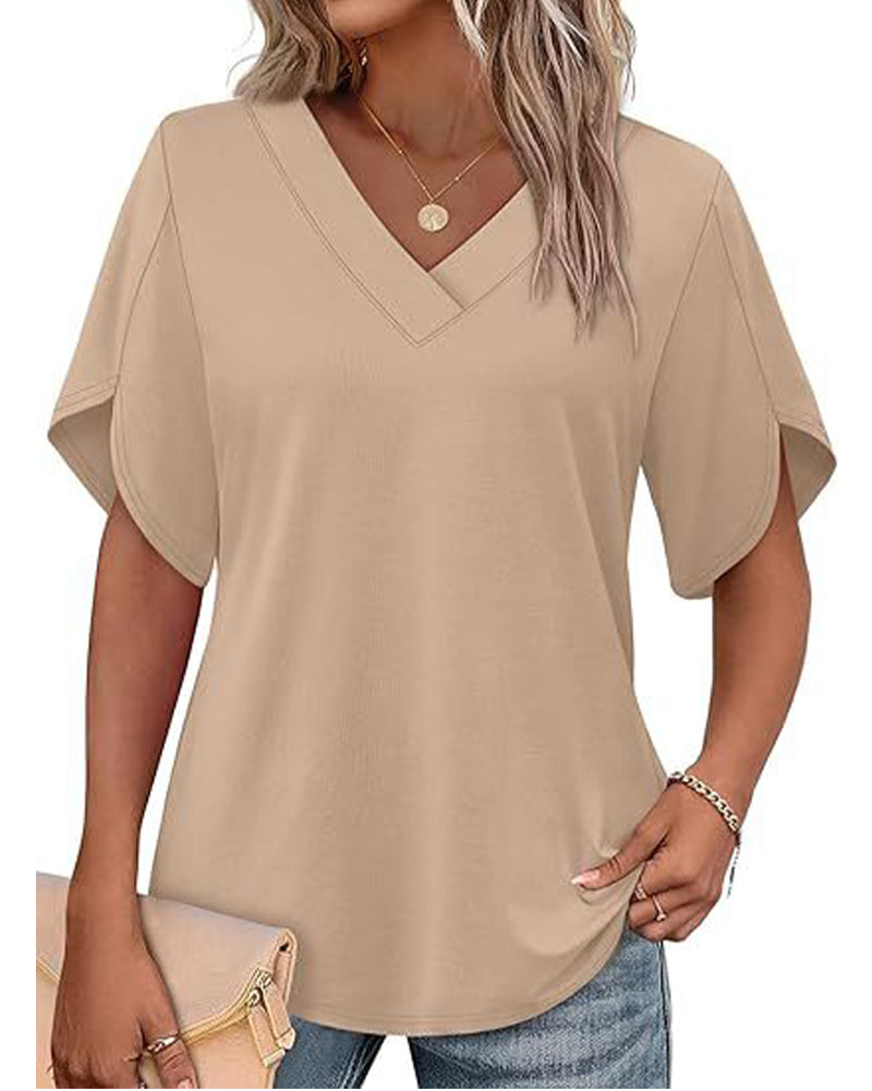 Camiseta de cuello en V, abertura pequeña, mangas cortas, lisa