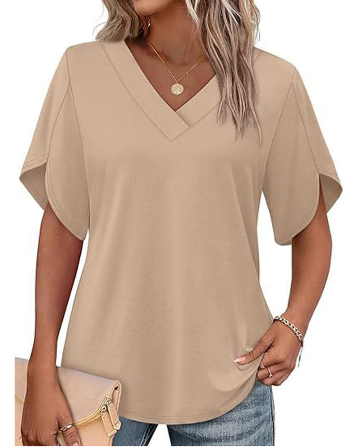 Camiseta de cuello en V, abertura pequeña, mangas cortas, lisa